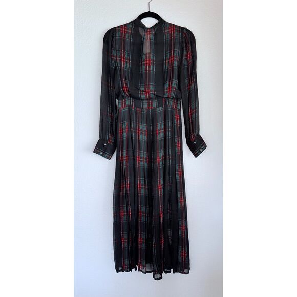 NWT J.Crew Tie-Neck Dress in Stewart Tartan Viscose Chiffon Black Red Green XS - Picture 7 of 15